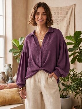 Free People Rockaway Dusty Plum Balloon Sleeve Blouse Small